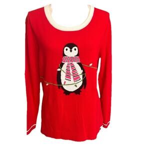 Crown Ivy PL Petite Large Cotton Top Red Penguin Knit Christmas Ugly NEW